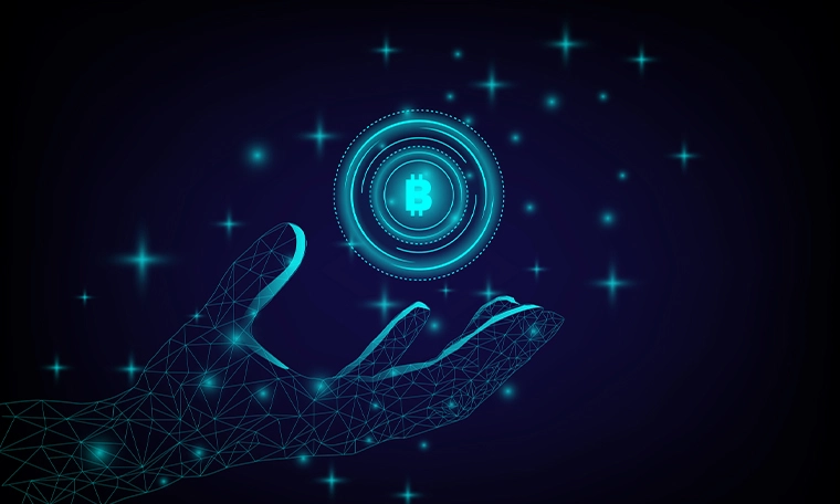 Crypto coin and blockchain tech with polygonal hand on background