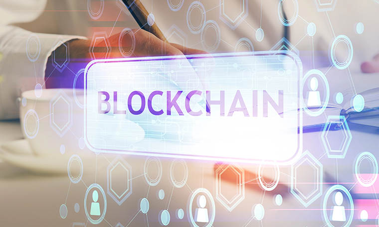 Mans hands working with notes background. Blockchain and finance concept.