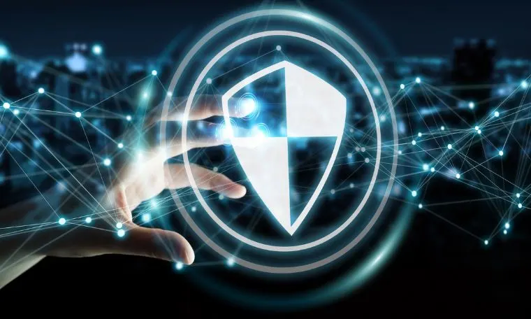 Businesswoman pointing on a tech shield