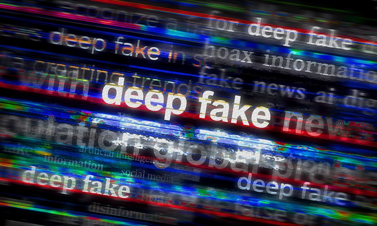 Deep fake hoax false and ai manipulation headline news across international media. Abstract concept of news titles on noise displays. TV glitch effect 3d illustration.