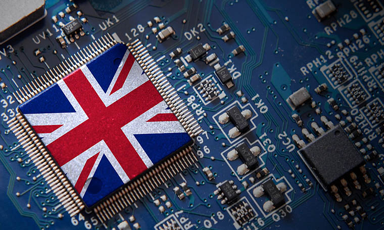 Integrated semiconductor microchip with UK flag.