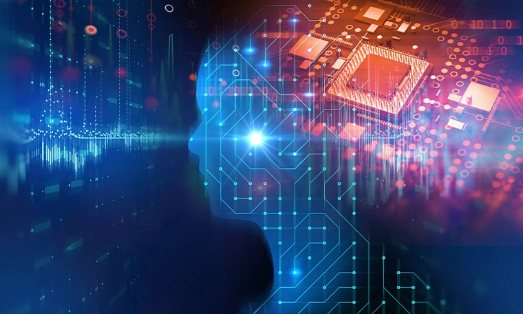 Silhouette of virtual human on circuit pattern 3d illustration , representing artificial technology