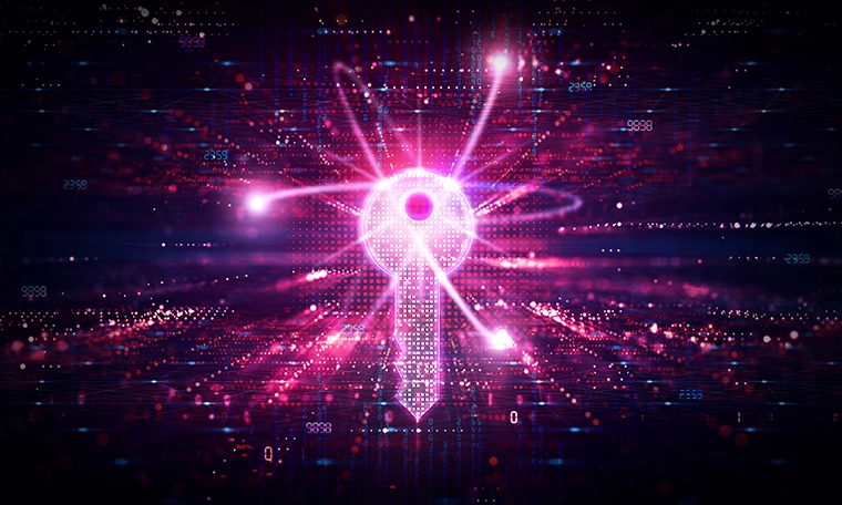 An abstract image of a key shining with lights that is on a quantum space representation.