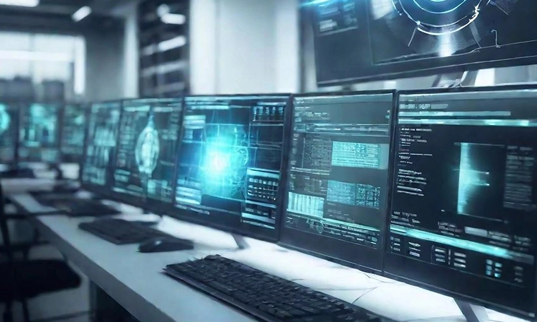 A futuristic control room where multiple AI tools are being used to monitor and manage complex systems.