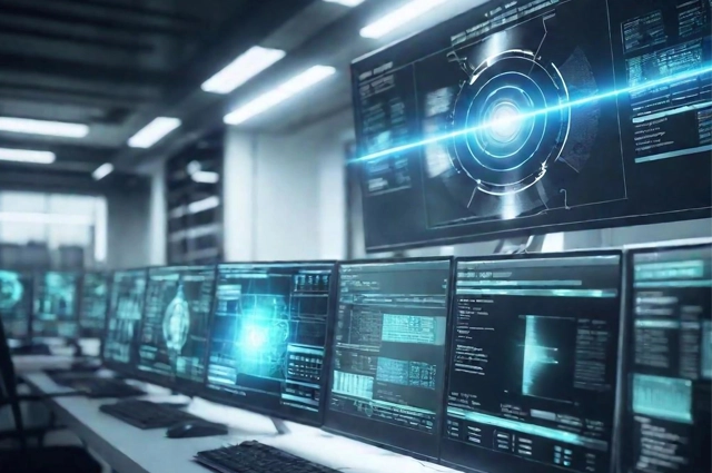 A futuristic control room where multiple AI tools are being used to monitor and manage complex systems.