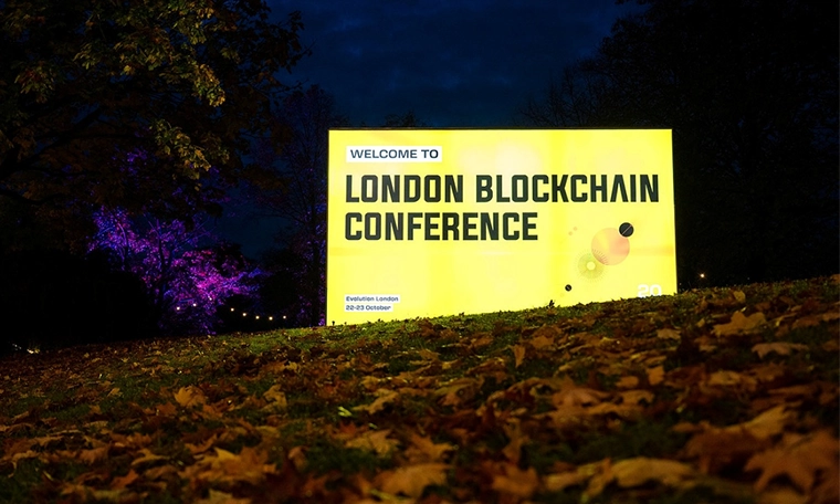 London Blockchain Conference 2025 welcome sign.