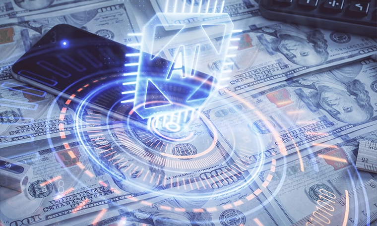 AI theme drawing over us dollars bill background. Technology concept.