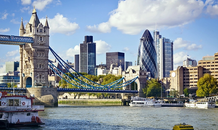 London skyline seen from the River Thames.